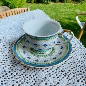 Vintage Cornflower Blue Green Gold Bone China Cup & Saucer Set Porcelain Tea Set